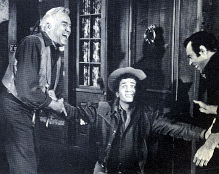 Clowning around on the set of “Bonanza” are Lorne Greene, Michael Landon and Pernell Roberts.