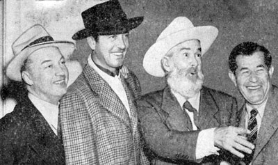 Co-producers Bill Thomas (left) and Bill Pine (right) share a joke with John Payne and Gabby Hayes at the premiere of “El Paso” in Tulsa, OK (3/27/49).