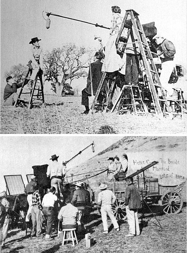 Robert Horton on location filming scenes for “Wagon Train: The Vivian Carter Story” in 1959. In the second photo Phyllis Thaxter in on the wagon with Horton and Ward Bond stands high on a platform.