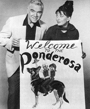 Lorne Greene, Ben Cartwright on “Bonanza”, displays a welcoming sign produced by is wife Nancy for the benefit of weekend guests at their Mesa, AZ, home. The couple were married in 1961.