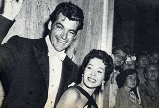“The Texan” Rory Calhoun and wife/actress Lita Baron greet fans in late 1955. 