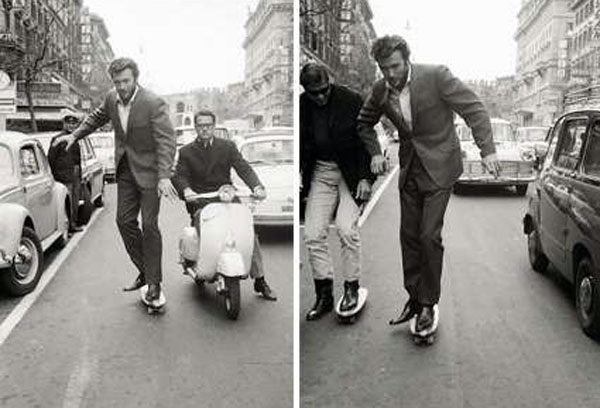 Clint Eastwood stateboarding in Rome in 1965. (Thanx to Terry Cutts.)