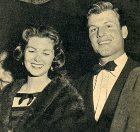 Joel McCrea’s son Jody McCrea with his date Maria Cooper, Gary Cooper’s daughter, attending a film premiere in 1957. In 1959 Jody co-starred with his father in the “Wichita Town” TV series.