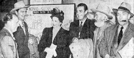 Attending the world premiere of “Albuquerque” in Albuquerque, NM are (L-R) co-producer Bill Thomas and stars Russell Hayden, Catherine Craig, Lon Chaney Jr., Gabby Hayes and William Demarest.