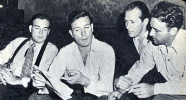 Scott Brady, circa 1945, before he was in the movies, visited a set with his brother Lawrence Tierney (center), actor Morgan Conway and director Gordon Douglas. Brady eventually starred in several Westerns and was TV’s “Shotgun Slade”. 