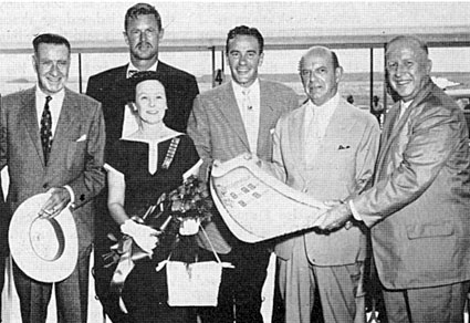 At the premiere of “The Last Command” associate producer Frank Lloyd (left), stars Sterling Hayden, Richard Carlson and Republic prexy Herbert J. Yates are presented with an official Heritage of Freedom Day proclamation by San Antonio Mayor Kuykendall (right) and Mrs. Megarity, acting for Texas Citizens and Pioneer Patriots. 