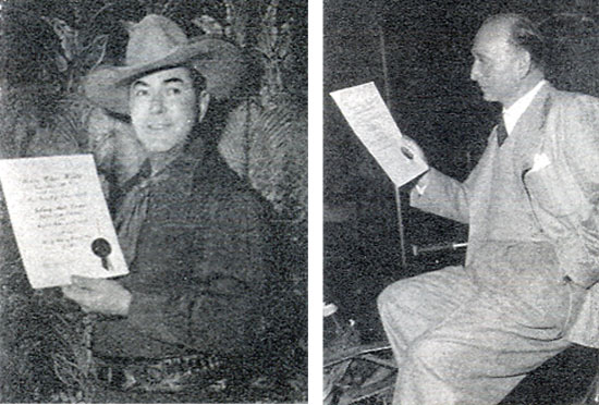 The motion picture exhibitors of America for the MOTION PICTURE HERALD tradepaper's annual poll of "The Ten Best Moneymakers" in the western field. Pictured here Johnny Mack Brown and director Michael Curtiz who was voted Champion of Champion Directors for the seventh consecutive year.