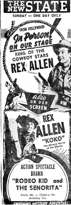 Rex Allen in person at the New State Theatre in Rockford, IL, 1951.