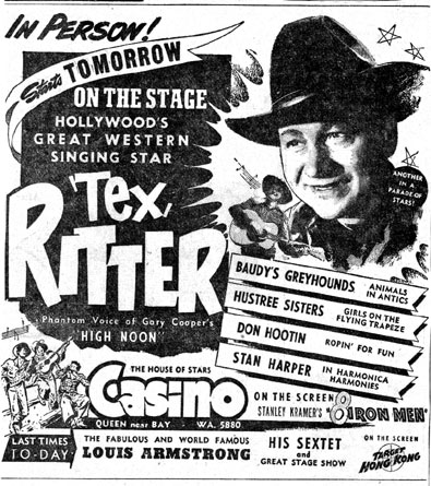 1952 newspaper ad for Tex Ritter in Person at the Casino Theatre in Toronto, Canada.