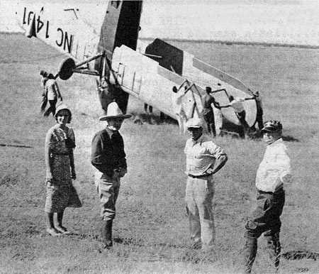 (L-R) Doris Hill, Bob Steele, producer Paul Malvern and director Robert Bradbury. Taken at the time of the filming of either “Galloping Romeo” or “Ranger’s Code” both made in 1933 with Steele and Doris Hill. Wreckage of the airplane is unknown but is not featured in either film.