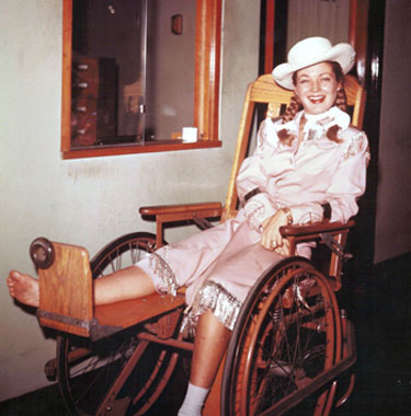 In 1954 while filming an early episode of “Annie Oakley”, Gail Davis tripped in the dark and fell on a curb as she was being picked up by a car for the daily ride to the location. She was immediately taken to the hospital with a broken foot. After her release, against doctor's orders, she went on location and did her scenes for the day. The foot apparently did not set properly and when Gail went home to Little Rock, AR, her father—a medical doctor—examined the foot and immediately took her to the hospital to re-break and re-set the bone. The foot apparently took considerable time to heal the second time. (Photo courtesy Dale Price.)