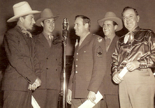 Gene Autry's “Melody Ranch” CBS radio show emanated from Luke Air Force Base in Arizona from 1940-1945. (L-R) Dick Reinhart, Eddie Dean, Gene, Jimmie Davis (Eddie's brother) and show comic Horace Murphy, known as “Shorty Long” on the program. In the late ‘30s Murphy was a B-western screen sidekick to Tex Ritter (often named Stubby or Ananias). Murphy played dozens of sheriffs and other characters on screen from ‘35-‘45. (Thanks for ID help to O. J. Sikes, Jimmy Glover, Billy Holcomb.)