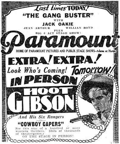 Hoot Gibson personal appearance newspaper ad from 1931.