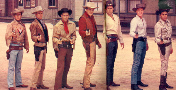 In this rare photo, left to right, Dick Jones as “Buffalo Bill Jr.”, John Lupton of “Broken Arrow”, Guy Madison as “Wild Bill Hickok”, James Arness of “Gunsmoke”, Clint “Cheyenne” Walker, Peter Graves of “Fury” and Dale Robertson of “Tales of Wells Fargo”—although we never saw hin in that fancy outfit.