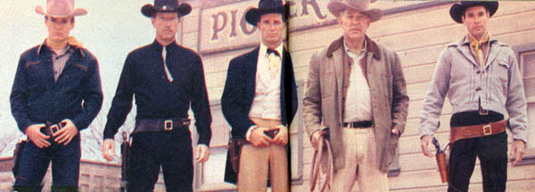 Photo below is from the same 6/57 issue depicting five new TV western heroes. (L-R) Will “Sugarfoot” Hutchins, Richard Boone, Paladin on “Have Gun Will Travel”, James Garner as “Maverick”, Ward Bond, Major Seth Adams on “Wagon Train” and James Best, set to star in “Pony Express”. (The pilot was made but didn’t sell. It later sold starring Grant Sullivan.)