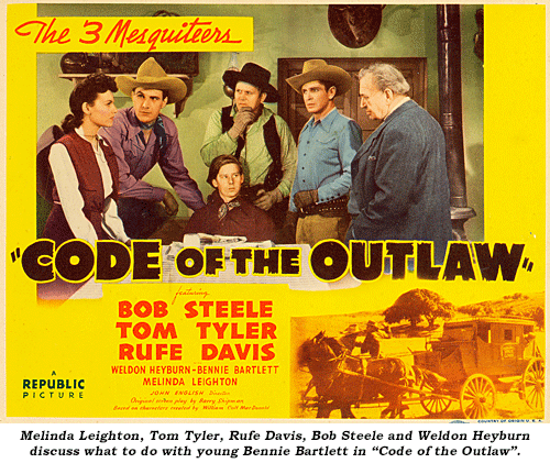 Melinda Leighton, Tom Tyler, Rufe Davis, Bob Steele and Weldon Heyburn discuss what to do with young Bennie Bartlett  in "Code of the Outlaw".