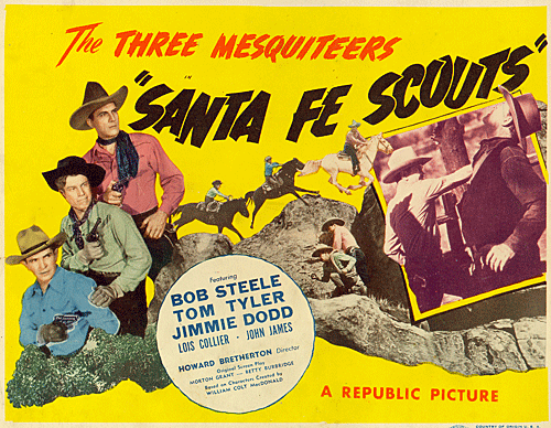 Title card for The Three Mesquiteers in "Santa Fe Scouts".