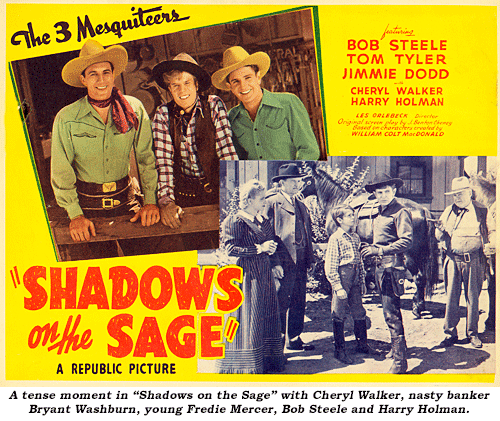 A tense moment in "Shadows on the Sage" with Cheryl Walker, nasty banker Bryant Washburn, young Freddie Mercer, Bob Steele and Harry Holman.