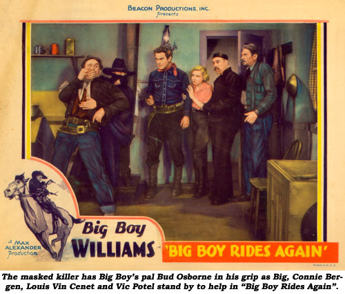 The masked killer has Big Boy's pal Bud Osborne in his grip as Big, Connie Bergen, Louis Vin Cenet and Vic Potel stand by to help in "Big Boy Rides Again".