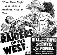 Newspaper ad for "Raiders of the West" starring Bill Boyd, Art Davis and Lee Powell.