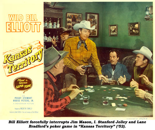 Bill Elliott forcefully interrupts I. Stanford Jolley and Lane Bradford's poker game in "Kansas Territory" ('52).