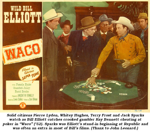 Solid citizen Pierce Lyden, Whitey Hughes, Terry Frost and unknown watch as Bill Elliott catches crooked gambler Ray Bennett cheating at poker in "Waco" ('52).