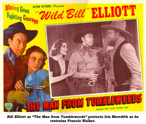 Bill Elliott as "The Man from Tumbleweeds" protects Iris Meredith as he restrains Francis Walker.