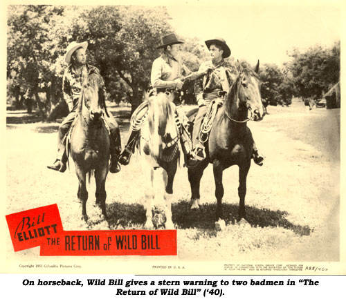 On horseback, Wild Bill gives a stern warning to two badmen in "The Return of Wild Bill" ('40).