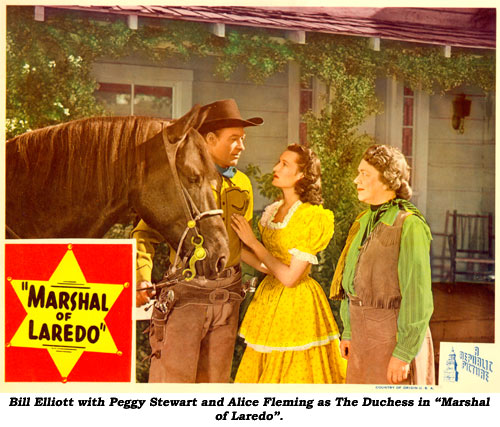 Bill Elliott with Peggy Stewart and Alice Fleming as The Duchess in "Marshal of Laredo".