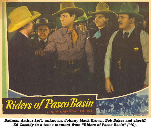 Badman Arthur Loft, unknown, Johnny Mack Brown, Bob Baker and sheriff Ed Cassidy in a tense moment from "Riders of Pasco Basin" ('40).