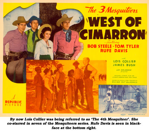 By now Lois Collier was being referred to as 'The 4th Mesquiteer'. She co-starred in seven of the Mesquiteers series. Rufe Davis is seen in blackface at the bottom right.