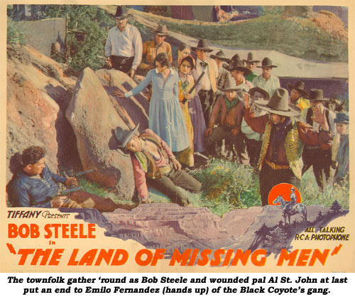 The townfolk gather 'round as Bob Steele and wounded pal Al St. John at last put an end to Emil Fernandez (hands up) of the Black Coyote's gang.