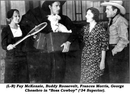(L-R) Fay McKenzie, Buddy Roosevelt, Frances Morris, George Chesebro in "Boss Cowboy" ('34 Superior).