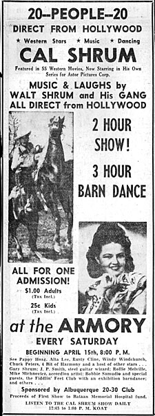 Newspaper ad for Cal Shrum and Alta Lee in person at the Armory in Albuquerque, NM.