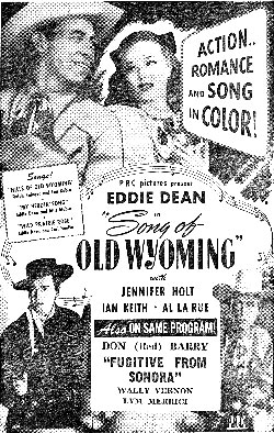 Newspaper ad for Eddie Dean in "Song of Old Wyoming".