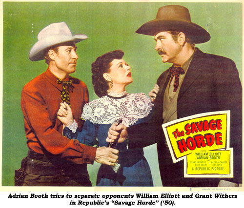 Adrian Booth tries to separate opponents William Elliott and Grant Withers in Republic's "Savage Horde" ('50).