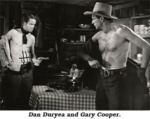 and injured Dan Duryea and Gary Cooper exchange clothes in "Along Came Jones".