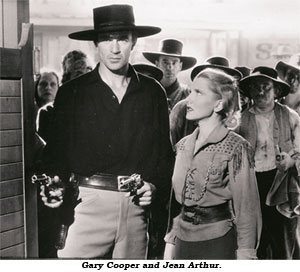 Gary Cooper and Jean Arthur enter saloon.
