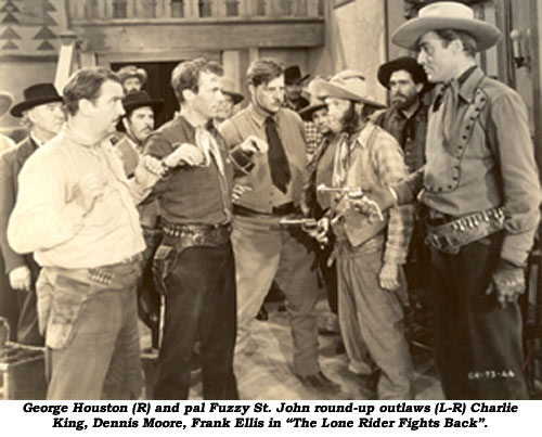 George Houston (R) and pal Fuzzy St. John round-up outlaws (L-R) Charlie King, Dennis Moore, Frank Ellis in "The Lone Rider Fights Back".