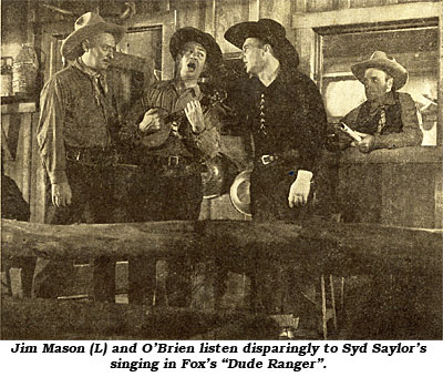 Jim Mason (L) and O'Brien listen disparingly to Syd Saylor's singing in Fox's "Dude Ranger".