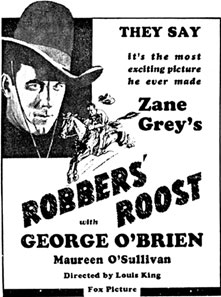Newspaper ad for George O'Brien in "Robber's Roost".