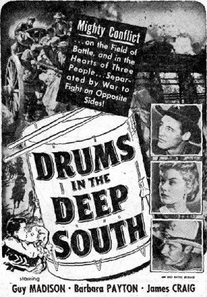 Newspaper ad for "Drums in the Deep South" starring Guy Madison.