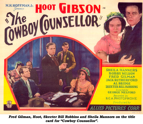 Fred Gilman; Hoot, Skeeter Bill Robbins and Sheila Mannors on the title card for "Cowboy Counsellor".