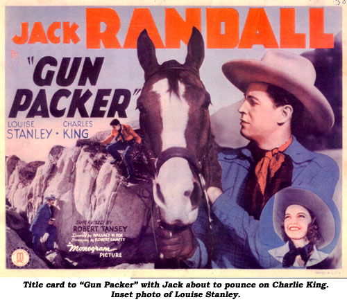 Title card to "Gun Packer" with Jack about to pounce on Charlie King. Inset photo of Louise Stanley.