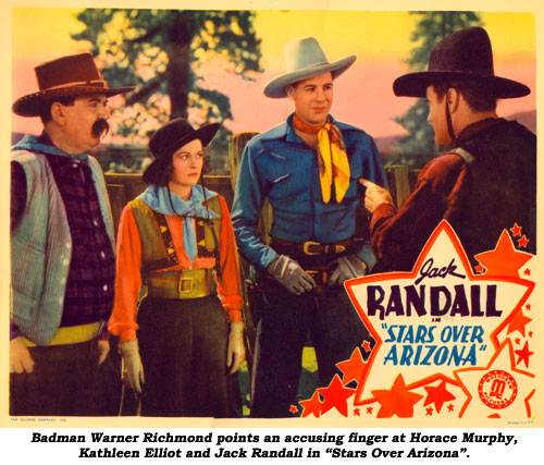 Badman Warner Richmond points an accusing finger at Horace Murphy, Kathleen Elliot and Jack Randall in "Stars Over Arizona".