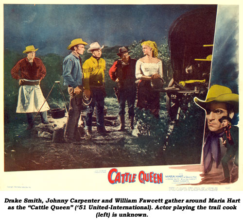 Drake Smith, Johnny Carpenter and William Fawcett gather around Maria Hart as the "Cattle Queen" ('51 United-International). Actor playing the trail cook (left) is unknown.