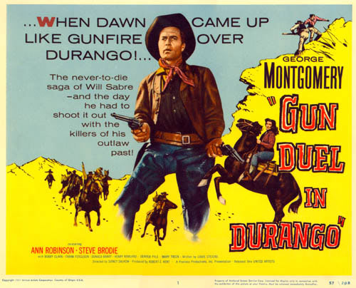 Title card for "Gun Duel in Durango" starring George Montgomery.