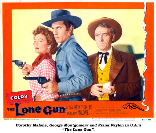 Dorothy Malone, George Montgomery and Frank Faylen in U.A.'s "The Lone Gun".