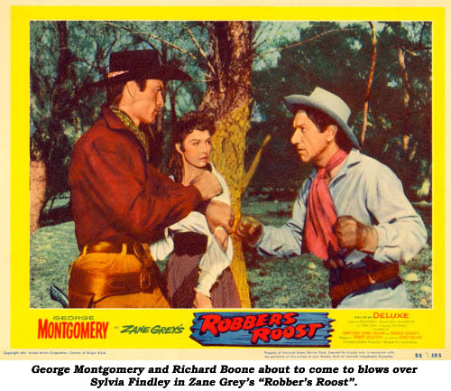 George Montgomery and Richard Boone about to come to blows over Sylvia Findley in Zane Grey's "Robber's Roost".