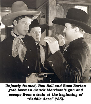 Unjustly framed, Rex Bell and Buzz Barton grab lawman Chuck Morrison's gun and escape from a train at the beginning of "Saddle Aces" ('35).